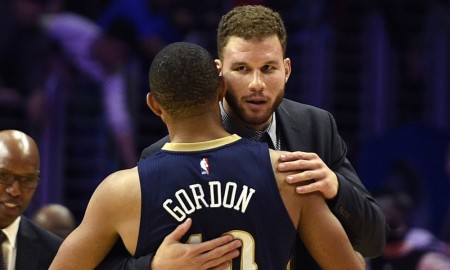 Jan 10, 2016; Los Angeles, CA, USA; Los Angeles Clippers forward Blake Griffin (right) hugs New Orleans Pelicans guard Eric Gordon (left) at Staples Center. The Los Angeles Clippers won in overtime 114-111. Mandatory Credit: Kelvin Kuo-USA TODAY Sports