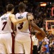 Jan 4, 2016; Miami, FL, USA; Miami Heat guard Dwyane Wade (right) and Miami Heat guard Goran Dragic (left) both celebrate their win at American Airlines Arena. The Heat won 103-100. Mandatory Credit: Steve Mitchell-USA TODAY Sports