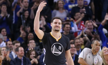 Feb 6, 2016; Oakland, CA, USA; Golden State Warriors guard Klay Thompson (11) reacts after the Warriors made a defensive stop against the Oklahoma City Thunder in the fourth quarter at Oracle Arena. The Warriors won 116-108. Mandatory Credit: Cary Edmondson-USA TODAY Sports