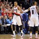 Apr 27, 2015; Portland, OR, USA; Portland Trail Blazers guard C.J. McCollum (3) and guard Damian Lillard (0) high five after a basket against the Memphis Grizzlies during the fourth quarter in game four of the first round of the NBA Playoffs at the Moda Center. Mandatory Credit: Craig Mitchelldyer-USA TODAY Sports