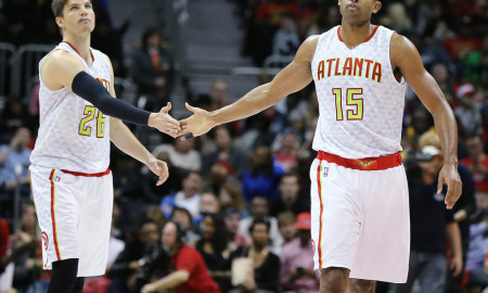 Dec. 23, 2015 - Atlanta, GA, USA - The Atlanta Hawks' Al Horford, right, gets five from Kyle Korver after hitting a 3-pointer against the Detroit Pistons on Wednesday, Dec. 23, 2015, at Philips Arena in Atlanta. The Hawks won, 107-100 (Photo by Curtis Compton/Zuma Press/Icon Sportswire)