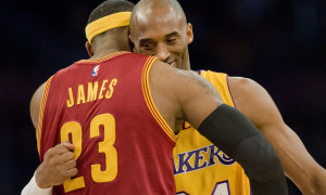 Jan. 15, 2015 - Los Angeles, CA, USA - Lakers guard Kobe Bryant, right, and Cleveland Cavaliers forward LeBron James give each other a hug before the start of Thursday's game