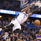 Feb. 6, 2015 - Orlando, FL, USA - The Orlando Magic's Victor Oladipo (5) throws down a dramatic slam dunk over the Los Angeles Lakers' Wesley Johnson (11) to seal the victory late in overtime at the Amway Center in Orlando, Fla., on Friday, Feb. 6, 2015. The Magic won in OT, 103-97