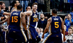 Feb 9, 2016; Dallas, TX, USA; Utah Jazz forward Gordon Hayward (20) celebrates with guard Rodney Hood (5) and forward Derrick Favors (15) after making the game winning shot in overtime to defeat the Dallas Mavericks at American Airlines Center. Mandatory Credit: Kevin Jairaj-USA TODAY Sports