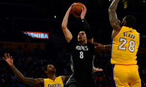 Feb. 02, 2016 - Los Angeles, California, U.S. - Minnesota Timberwolves guard Zach LaVine (8) drives to the basket in between Los Angeles Lakers guard Louis Williams (23) and center Tarik Black (28) in the second half of a NBA basketball game at Staples Center on Tuesday, Feb. 2, 2015 in Los Angeles. Los Angeles Lakers won 119-115. (Photo by Keith Birmingham/Zuma Press/Icon Sportswire)