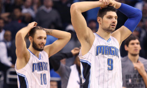 Feb. 10, 2016 - Orlando, FL, USA - The Orlando Magic's Evan Fournier (10) and Nikola Vucevic (9) are dejected after losing, 98-96, to the San Antonio Spurs at the Amway Center in Orlando, Fla., on Wednesday, Feb. 10, 2016 (Photo by Stephen M. Dowell/Zuma Press/Icon Sportswire)