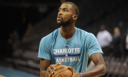 Feb 3, 2016; Charlotte, NC, USA; Charlotte Hornets forward Michael Kidd-Gilchrist (14) warms up before the game against the Cleveland Cavaliers at Time Warner Cable Arena. Mandatory Credit: Sam Sharpe-USA TODAY Sports