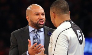 Jan 31, 2016; New York, NY, USA; New York Knicks head coach Derek Fisher argues with official Tony Brothers (25) during the second quarter against the Golden State Warriors at Madison Square Garden. The Warriors defeated the Knicks 116-95. Mandatory Credit: Brad Penner-USA TODAY Sports