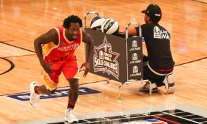 Feb 14, 2015; New York, NY, USA; Houston Rockets guard Patrick Beverley (2) celebrates during the 2015 NBA All Star Skills Challenge competition at Barclays Center. Mandatory Credit: Brad Penner-USA TODAY Sports