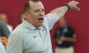 Aug 11, 2015; Las Vegas, NV, USA; Team USA assistant coach Tom Thibodeau directs players on the floor during the USA men's basketball national team minicamp at Mendenhall Center. Mandatory Credit: Stephen R. Sylvanie-USA TODAY Sports