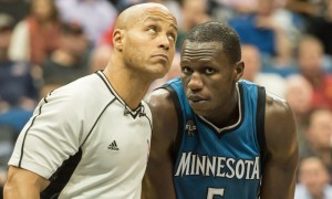 Feb 6, 2016; Minneapolis, MN, USA; Minnesota Timberwolves center Gorgui Dieng (5) talks to a referee during the second half against the Chicago Bulls at Target Center. The Timberwolves won 112-105. Mandatory Credit: Jeffrey Becker-USA TODAY Sports