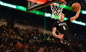 Feb 14, 2015; New York, NY, USA; Minnesota Timberwolves guard Zach LaVine (8) and guard Andrew Wiggins (22) during the 2015 NBA All Star Slam Dunk Contest competition at Barclays Center. Mandatory Credit: Bob Donnan-USA TODAY Sports
