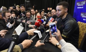 Feb 12, 2016; Toronto, Ontario, Canada; Western Conference guard Stephen Curry of the Golden State Warriors (30) speaks during media day for the 2016 NBA All Star Game at Sheraton Centre. Mandatory Credit: Bob Donnan-USA TODAY Sports