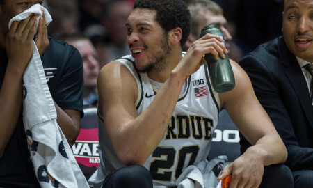 January 30, 2016: Purdue Boilermakers center A.J. Hammons (20) laughs on the bench during the NCAA basketball game between the Purdue Boilermakers and Nebraska Cornhuskers at Mackey Arena in West Lafayette, IN. (Photo by Zach Bolinger/Icon Sportswire)