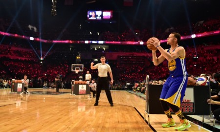 Feb 14, 2015; New York, NY, USA; Golden State Warriors guard Stephen Curry (30) shoots during the 2015 NBA All Star Three Point Contest competition at Barclays Center. Mandatory Credit: Bob Donnan-USA TODAY Sports