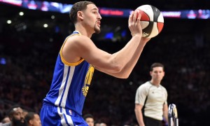 Feb 13, 2016; Toronto, Ontario, Canada; Golden State Warriors guard Klay Thompson competes in the three-point contest during the NBA All Star Saturday Night at Air Canada Centre. Mandatory Credit: Bob Donnan-USA TODAY Sports