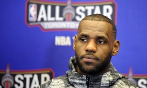 Feb 12, 2016; Toronto, Ontario, Canada; Eastern Conference forward LeBron James of the Cleveland Cavaliers (23) is interviewed during media day for the 2016 NBA All Star Game at Sheraton Centre. Mandatory Credit: Peter Llewellyn-USA TODAY Sports