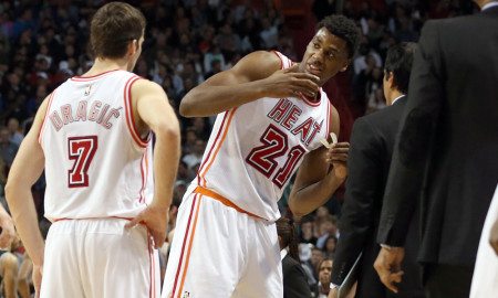 Feb. 9, 2016 - Miami, FL, USA - The Miami Heat's Hassan Whiteside (21) talks to head coach Erik Spoelstra following his ejection after elbowing Boban Marjanovic of the San Antonio Spurs in the fourth quarter at AmericanAirlines Arena in Miami on Tuesday, Feb. 9, 2016. The Spurs won, 119-101 (Photo by Pedro Portal/Zuma Press/Icon Sportswire)