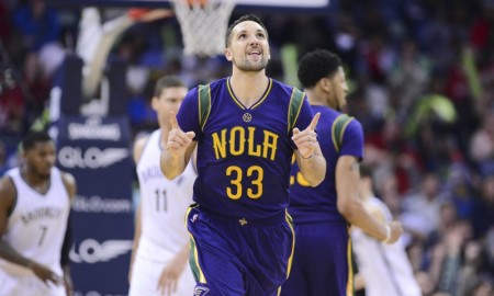 Jan 30, 2016; New Orleans, LA, USA; New Orleans Pelicans forward Ryan Anderson (33) celebrates after making a three point shot during the second half of the game against the Brooklyn Nets at the Smoothie King Center. The Pelicans won 105-103. Mandatory Credit: Matt Bush-USA TODAY Sports