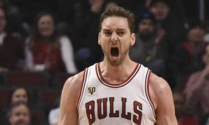 Feb 10, 2016; Chicago, IL, USA; Chicago Bulls center Pau Gasol (16) reacts after making a basket during the first quarter against the Atlanta Hawks at the United Center. Mandatory Credit: David Banks-USA TODAY Sports
