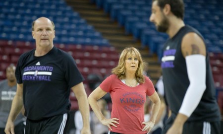 Oct 8, 2015; Sacramento, CA, USA; Sacramento Kings assistant coach Nancy Lieberman watches as assistant coach Vance Walberg warms up with forward Marco Belinelli (3) before the game against the San Antonio Spurs at Sleep Train Arena. Mandatory Credit: Kelley L Cox-USA TODAY Sports