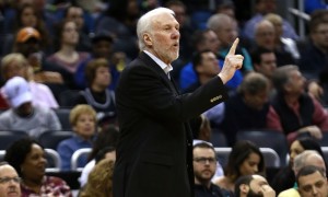 Feb 10, 2016; Orlando, FL, USA; San Antonio Spurs head coach Gregg Popovich calls a play against the Orlando Magic during the first quarter at Amway Center. Mandatory Credit: Kim Klement-USA TODAY Sports