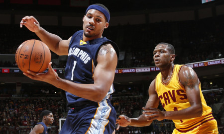 Oct. 12, 2015 - Columbus, OH, USA - Jarnell Stokes (1) of the Memphis Grizzlies is guarded by James Jones (1) of the Cleveland Cavaliers during an NBA preseason game on Monday, Oct. 12, 2015, at Value City Arena in Columbus, Ohio (Photo by Barbara J. Perenic/Zuma Press/Icon Sportswire)