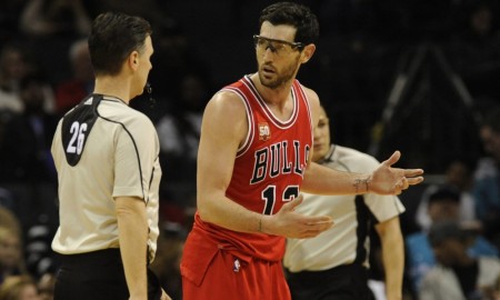 Feb 8, 2016; Charlotte, NC, USA; Chicago Bulls guard Kirk Hinrich (12) complains to a referee during the second half of the game against the Charlotte Hornets at Time Warner Cable Arena. Hornets win 108-91. Mandatory Credit: Sam Sharpe-USA TODAY Sports