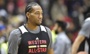 Feb 13, 2016; Toronto, Ontario, Canada; Western Conference forward Kawhi Leonard of the San Antonio Spurs (2) looks on during practice for the NBA All Star game at Ricoh Coliseum. Mandatory Credit: Bob Donnan-USA TODAY Sports