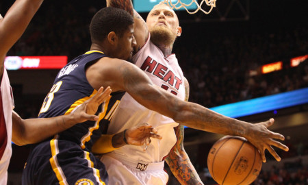 Jan. 4, 2016 - Miami, FL, USA - Indiana Pacers' Paul George tries to pass the defense of Miami Heat's Chris Andersen during the first quarter on Monday, Jan. 4, 2016, at AmericanAirlines Arena in Miami (Photo by Hector Gabino/Zuma Press/Icon Sportswire)