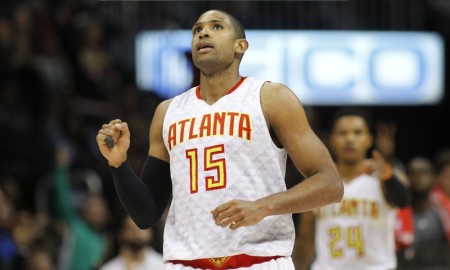 Feb 5, 2016; Atlanta, GA, USA; Atlanta Hawks center Al Horford (15) shows emotion after a made shot against the Indiana Pacers in the fourth quarter at Philips Arena. The Hawks defeated the Pacers 102-96. Mandatory Credit: Brett Davis-USA TODAY Sports