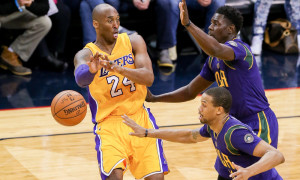 February 04, 2016: Los Angeles Lakers forward Kobe Bryant (24) passes the ball during the NBA game between the Los Angeles Lakers and the New Orleans Pelicans at the Smoothie King Center in New Orleans, LA. Los Angeles Lakers defeated New Orleans Pelicans 99-96. (Photograph by Stephen Lew/Icon Sportswire)