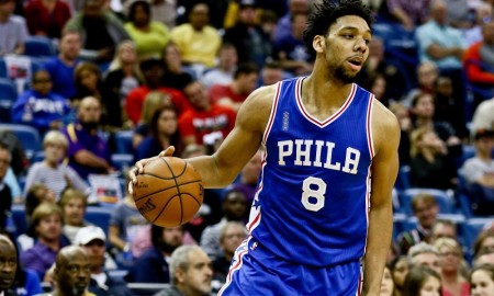 Feb 19, 2016; New Orleans, LA, USA; Philadelphia 76ers center Jahlil Okafor (8) dribbles the ball against the New Orleans Pelicans during the second half of a game at the Smoothie King Center. The Pelicans defeated the 76ers 121-114. Mandatory Credit: Derick E. Hingle-USA TODAY Sports