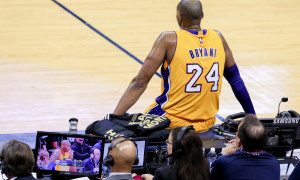 February 04, 2016:  Los Angeles Lakers forward Kobe Bryant (24) sits in front of the judges table during the NBA game between the Los Angeles Lakers and the New Orleans Pelicans at the Smoothie King Center in New Orleans, LA.   Los Angeles Lakers defeated New Orleans Pelicans 99-96.  (Photograph by Stephen Lew/Icon Sportswire)