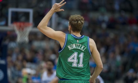 Feb 21, 2016; Dallas, TX, USA; Dallas Mavericks forward Dirk Nowitzki (41) celebrates making a three point basket against the Philadelphia 76ers during the second half at the American Airlines Center. With this basket Nowitzki becomes the sixth player in NBA history to score at least 29,000 points. The Mavericks defeat the 76ers 129-103. Mandatory Credit: Jerome Miron-USA TODAY Sports