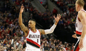 Feb. 19, 2016 - DAMIAN LILLARD (0) reacts to a play. The Portland Trail Blazers hosted the Golden State Warriors at the Moda Center on February 19, 2016. (Photo by David Blair/Zuma Press/Icon Sportswire)