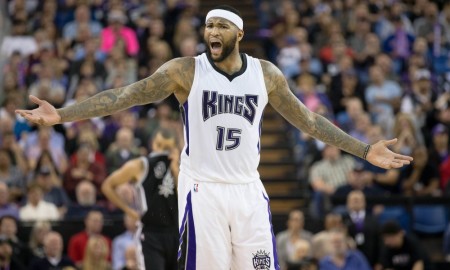 Feb 24, 2016; Sacramento, CA, USA; Sacramento Kings center DeMarcus Cousins (15) is called for a technical as he asks for a foul against the San Antonio Spurs during the fourth quarter at Sleep Train Arena. The San Antonio Spurs defeated the Sacramento Kings 108-92. Mandatory Credit: Kelley L Cox-USA TODAY Sports