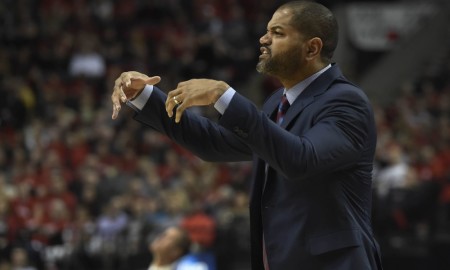 Feb 25, 2016; Portland, OR, USA; Houston Rockets head coach J.B. Bickerstaff reacts to an officials call during the first quarter of the game against the Portland Trail Blazers at the Moda Center at the Rose Quarter. Mandatory Credit: Steve Dykes-USA TODAY Sports