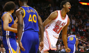 Feb. 24, 2016 - Miami, FL, USA - The Miami Heat's Hassan Whiteside (21) reacts after dunking during the first quarter against the Golden State Warriors at the AmericanAirlines Arena in Miami on Wednesday, Feb. 24, 2016. The Warriors won, 118-112 (Photo by David Santiago/Zuma Press/Icon Sportswire)
