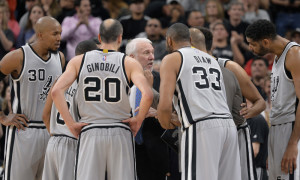 San Antonio Spurs head coach Gregg Popovich, center, talks with Spurs players during a timeout in the second half of an NBA basketball game against the Oklahoma City Thunder, Saturday, March 12, 2016, in San Antonio. San Antonio won 93-85. (AP Photo/Darren Abate)