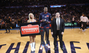 27 February 2016: Oklahoma City Thunder forward, Kevin Durant (35) receives the KIA Performance Award before the Thunder take on the Golden State Warriors at the Chesapeake Energy Arena in Oklahoma City, OK. (Photo by JP Wilson/Icon Sportswire)