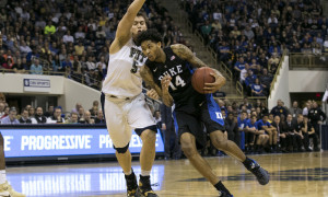 28 February 2016: Duke Blue Devils Forward Brandon Ingram (14) dribbles while being guarded by Pittsburgh Panthers Forward Rafael Maia (5) during the game between the Duke Blue Devils and Pittsburgh Panthers at the Petersen Events Center in Pittsburgh, Pa. (Photo by Mark Alberti/ Icon Sportswire)