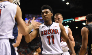 10 March 2016: Arizona (11) Allonzo Trier celebrates with Arizona (1) Gabe York after a foul call during the men's Pac-12 Basketball Tournament game between the Colorado Buffaloes and the Arizona Wildcats at MGM Grand Garden Arena in Las Vegas, NV. (Photo by Chris Williams/Icon Sportswire)