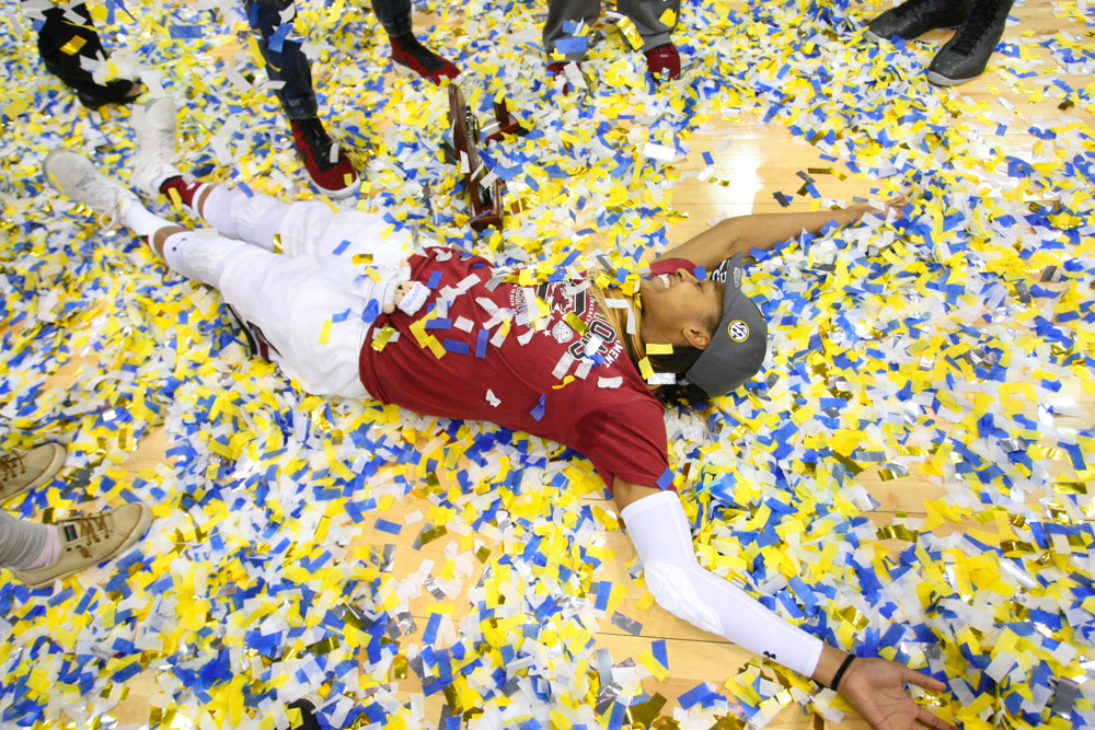March 6 2016: South Carolina Gamecocks guard Tiffany Mitchell (25) makes a angle in the confetti while celebrating the win during the NCAA women's southeastern conference tournament finals between the South Carolina Gamecocks and the Mississippi State Lady Bulldogs at the Jacksonville Veterans Memorial Arena in Jacksonville, FL. The South Carolina Gamecocks won by a score of 66-52.(Photo by Jared Bludsworth/Icon Sportswire)