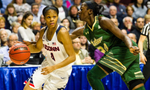 March 7, 2016: UConn Huskies Guard Moriah Jefferson #4 works around USF Forward Alisia Jenkins #24 during the American Athletic Conference Women's Championship game between the top seeded UConn Huskies and the #2 seed USF Bulls at the Mohegan Sun Arena in Uncasville, CT. (Photo by David Hahn/Icon Sportswire)