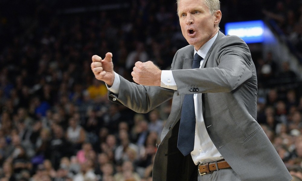 Golden State Warriors head coach Steve Kerr yells at a referee before being called for a technical foul during the first half of an NBA basketball game against the San Antonio Spurs, Saturday, March 19, 2016, in San Antonio. San Antonio won 87-79. (AP Photo/Darren Abate)