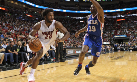 March 6, 2016 - Miami, FL, USA - Miami Heat's Justise Winslow drives against Philadelphia 76ers' Jerami Grant during the second quarter on Sunday, March 6, 2016, at AmericanAirlines Arena in Miami (Photo by Hector Gabino/Zuma Press/Icon Sportswire)