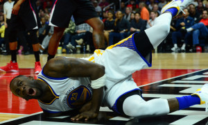 Feb. 20, 2016 - Los Angeles, California, U.S. - Golden State Warriors forward Draymond Green goes down hard against Los Angeles Clippers in the second half during an NBA basketball game in Los Angeles, Calif., on Saturday, Feb. 20, 2016. Golden State Warriors won 115-112. . (Photo by Keith Birmingham/Zuma Press/Icon Sportswire)