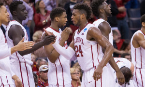 18 March 2016: G Buddy Hield (24) of the Oklahoma Sooners high fives his team mates during the Cal State Bakersfield Roadrunners game versus the Oklahoma Sooners in the first round of the Division I Men's Championship at Chesapeake Energy Arena in Oklahoma City, OK. (Photo by William Purnell/Icon Sportswire)