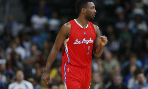 Los Angeles Clippers guard Jordan Hamilton (1) looks on against the Denver Nuggets in the fourth quarter of an NBA basketball game Saturday, April 4, 2015, in Denver. The Clippers won 107-92. (AP Photo/David Zalubowski)